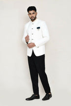 Joban Fashion White Colored Cotton Linen With Neck Embroidery Work Fabric Prince Coat, Pocket Square With Pant | Grocsy