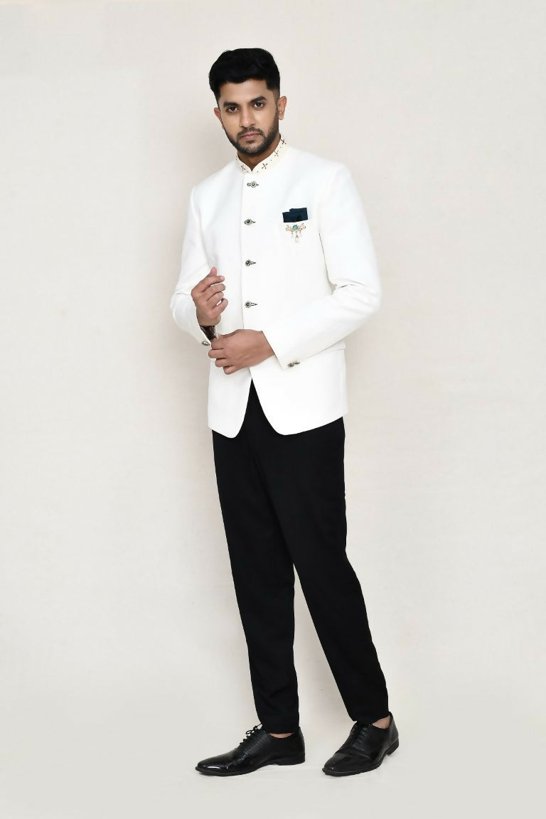 Joban Fashion White Colored Cotton Linen With Neck Embroidery Work Fabric Prince Coat, Pocket Square With Pant | Grocsy