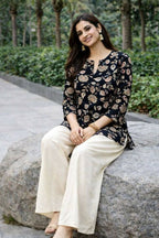 Teeya Creation Womens New Trendy Black Floral Printed Short Kurti with Beige Palazzo Set | Grocsy