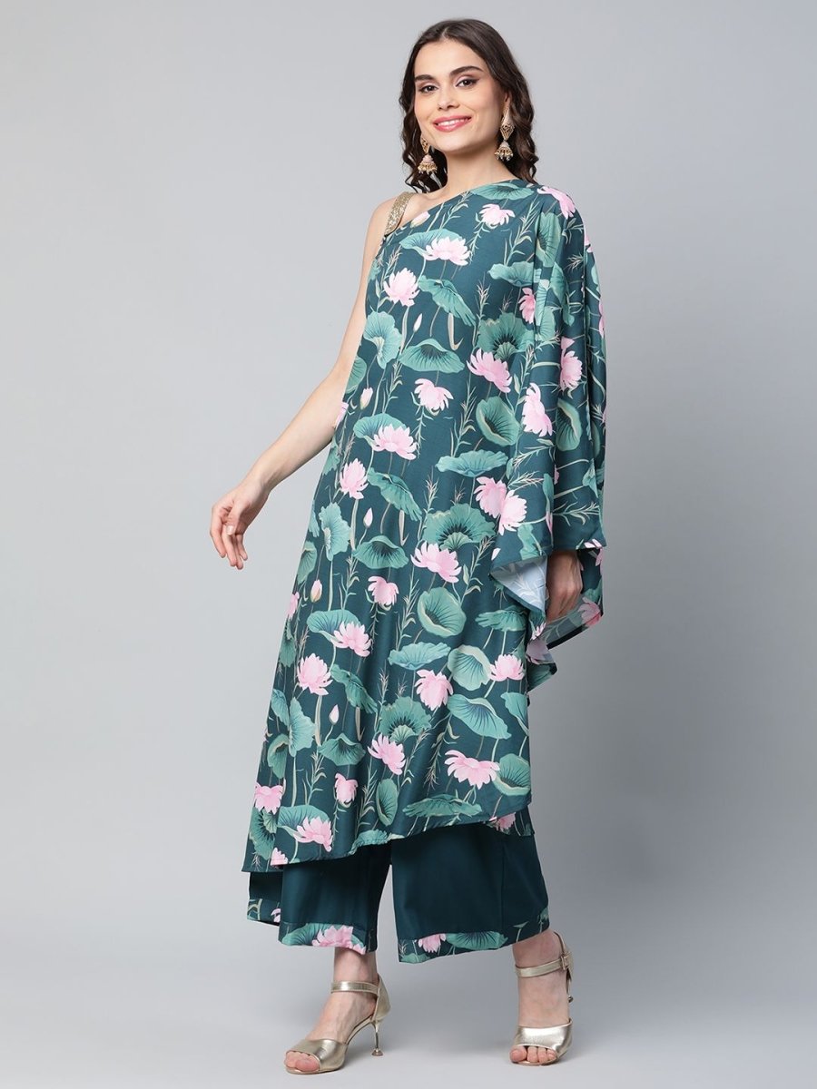 Ahalyaa Women Green Crepe Floral Printed Kurta with Palazzo Set | Grocsy