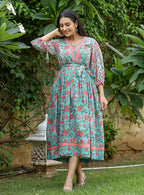 Kaajh Women's Green Hand Block Printed Dress | Grocsy