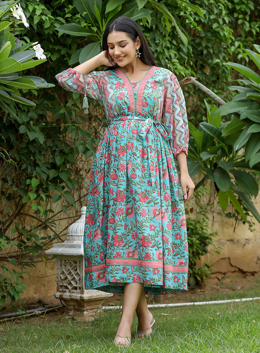 Kaajh Women's Green Hand Block Printed Dress | Grocsy