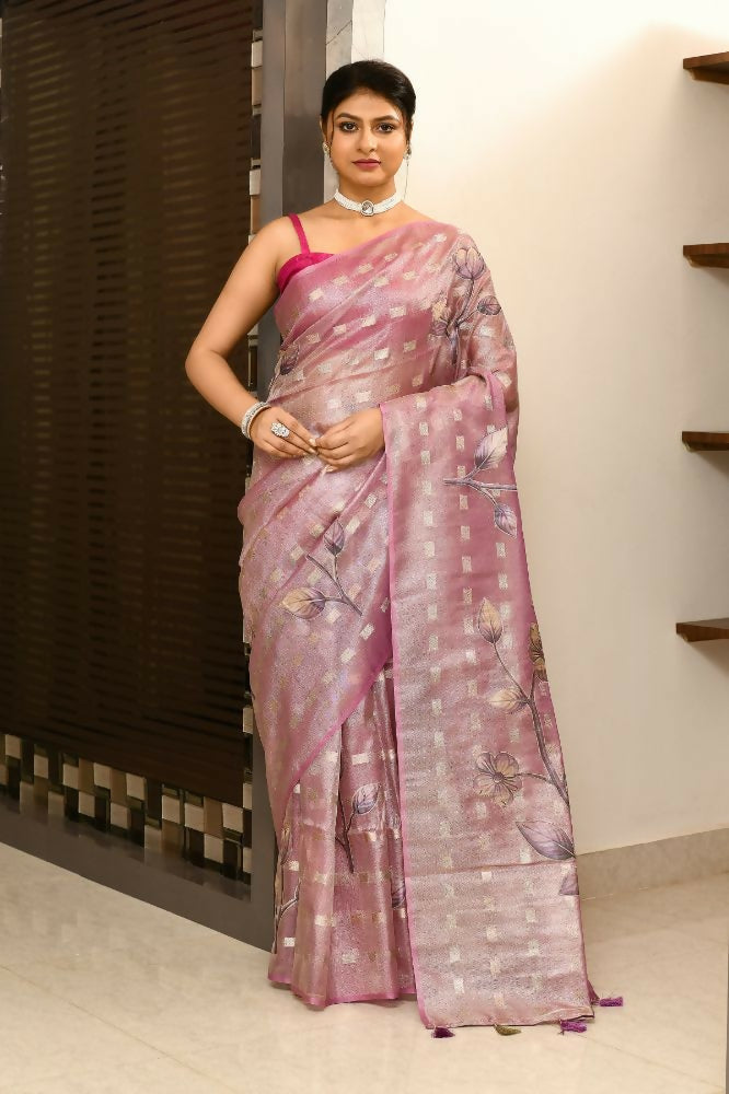 Joban Fashion Purple Saree Tissue Zari Buti Allover Applick With Contrast Blouse | Grocsy