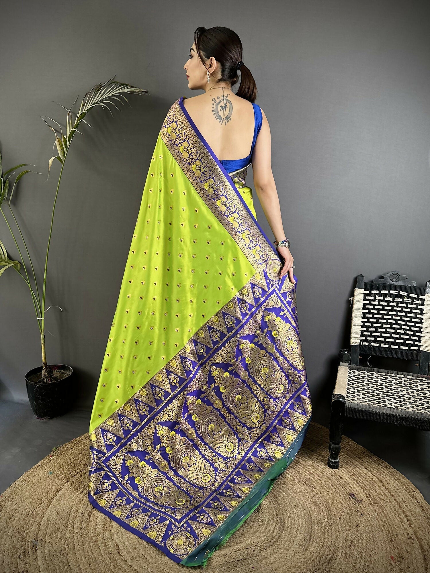 Joban Fashion Parrot Green Intricate Motifs Soft Silk Banarasi Saree | Grocsy