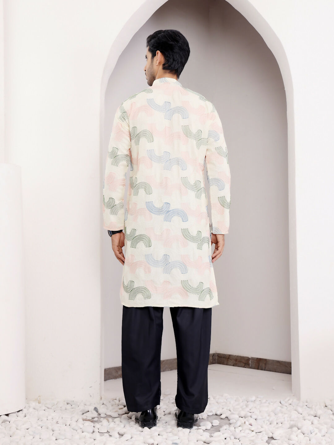Cream Linen Designer Embroidery Work Men's Rajwadi Kurta Set - Mahotsav | Grocsy