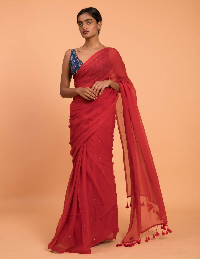 Suta Red Embellished Sequinned Pure Cotton Saree | Grocsy
