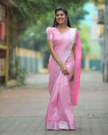 DEIANA'S Beautiful Designer Golden zari Soft Lichi Silk Saree - Baby pink | Grocsy