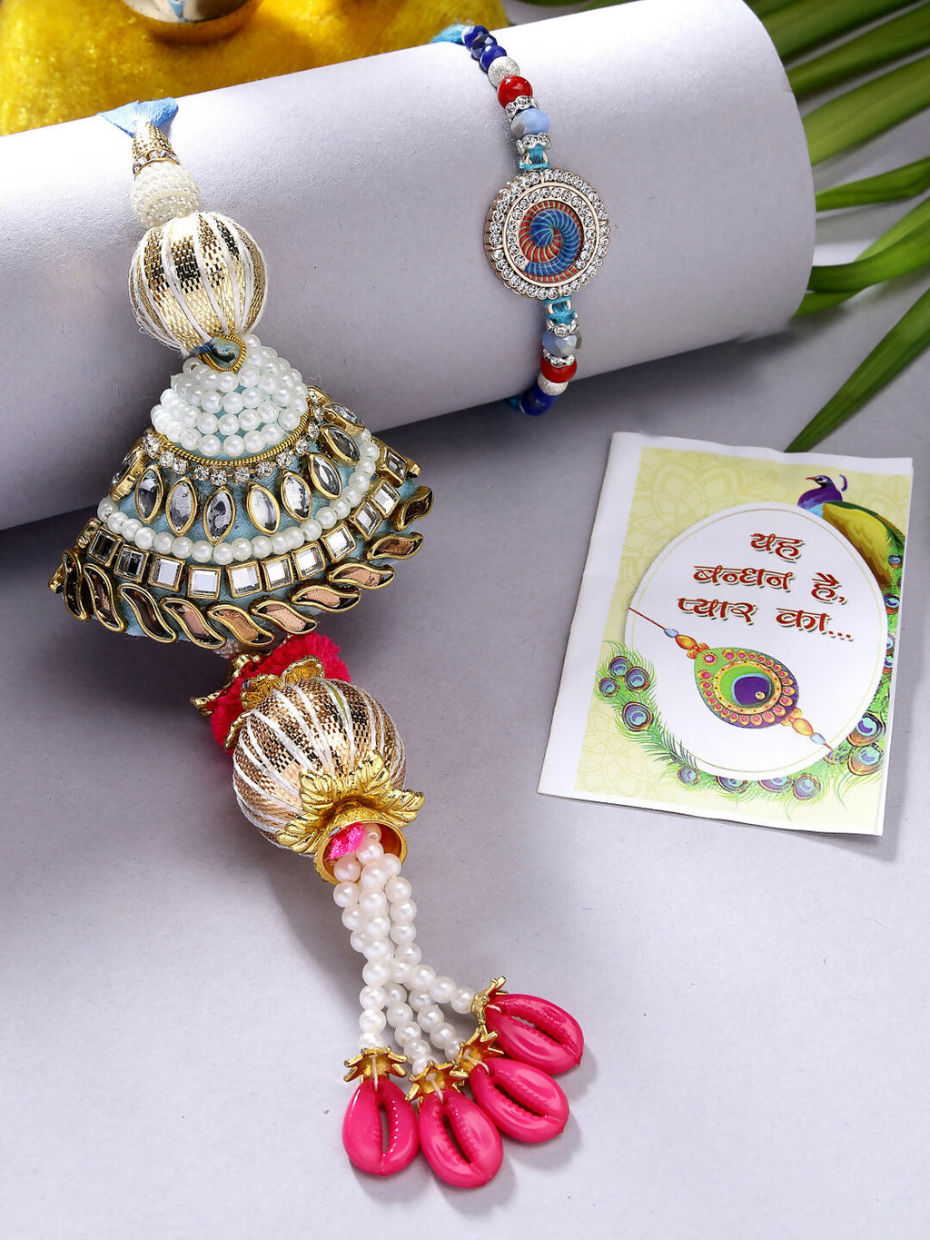 NVR Women & Men Set of 2 Blue Kundan-Studded & Beaded Bhaiya Bhabhi Rakhi With Roli Chawal & Chocolate | Grocsy