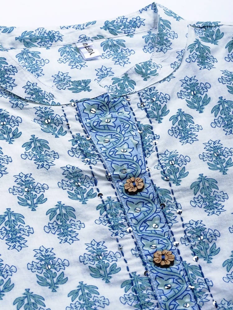 Yufta Women White & Blue Ethnic Hand Block Print Pure Cotton Kurta with Trouser & Dupatta | Grocsy