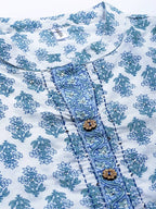 Yufta Women White & Blue Ethnic Hand Block Print Pure Cotton Kurta with Trouser & Dupatta | Grocsy