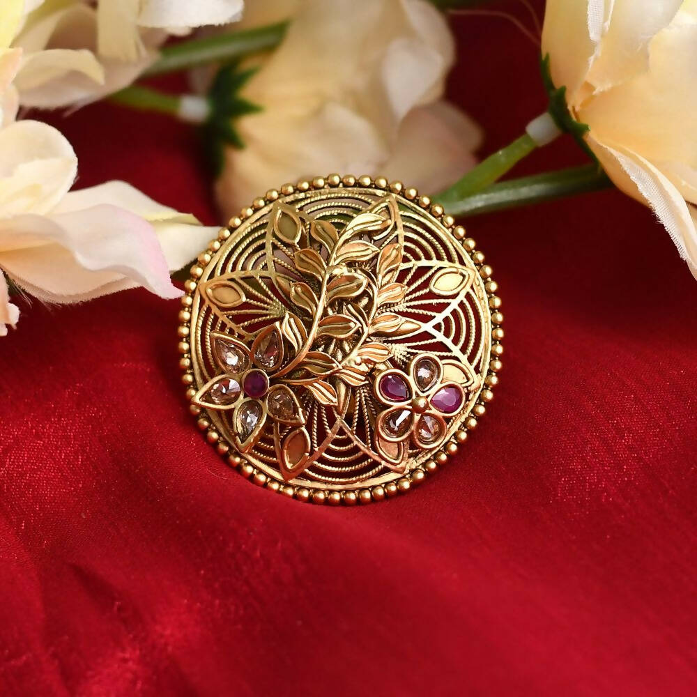 Mominos Fashion Joharkamal Gold-Polished Stone Studded Adjustable Finger Ring - Design 13 | Grocsy