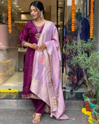 The52 Women's Beautiful Chanderi Fabric Embroidery Work Flared Kurta Pant and Dupatta Set | Grocsy