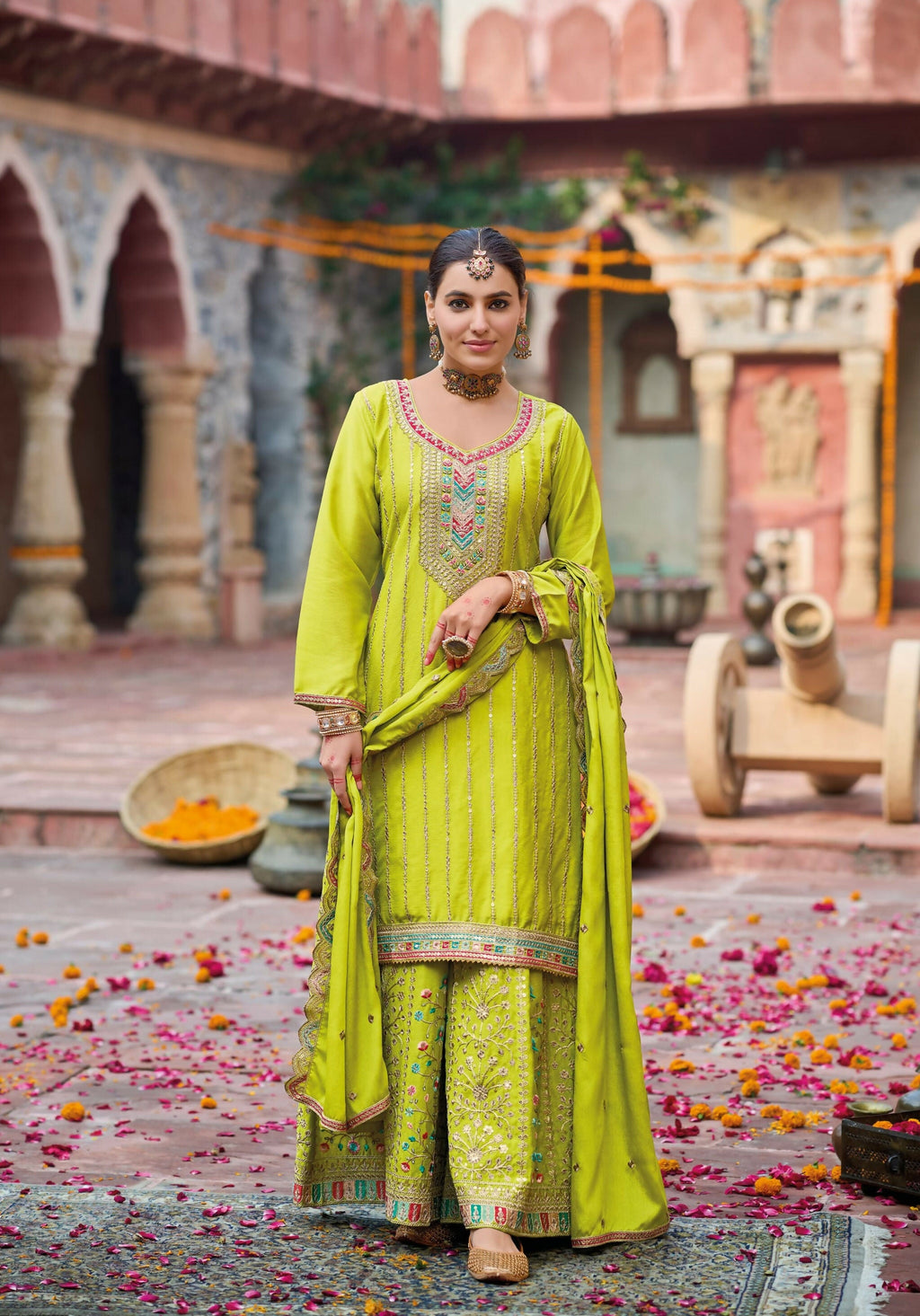 Anaita Lime Yellow Premium Embroidery Dhaga Sequin Work Ready Made Suit | Grocsy