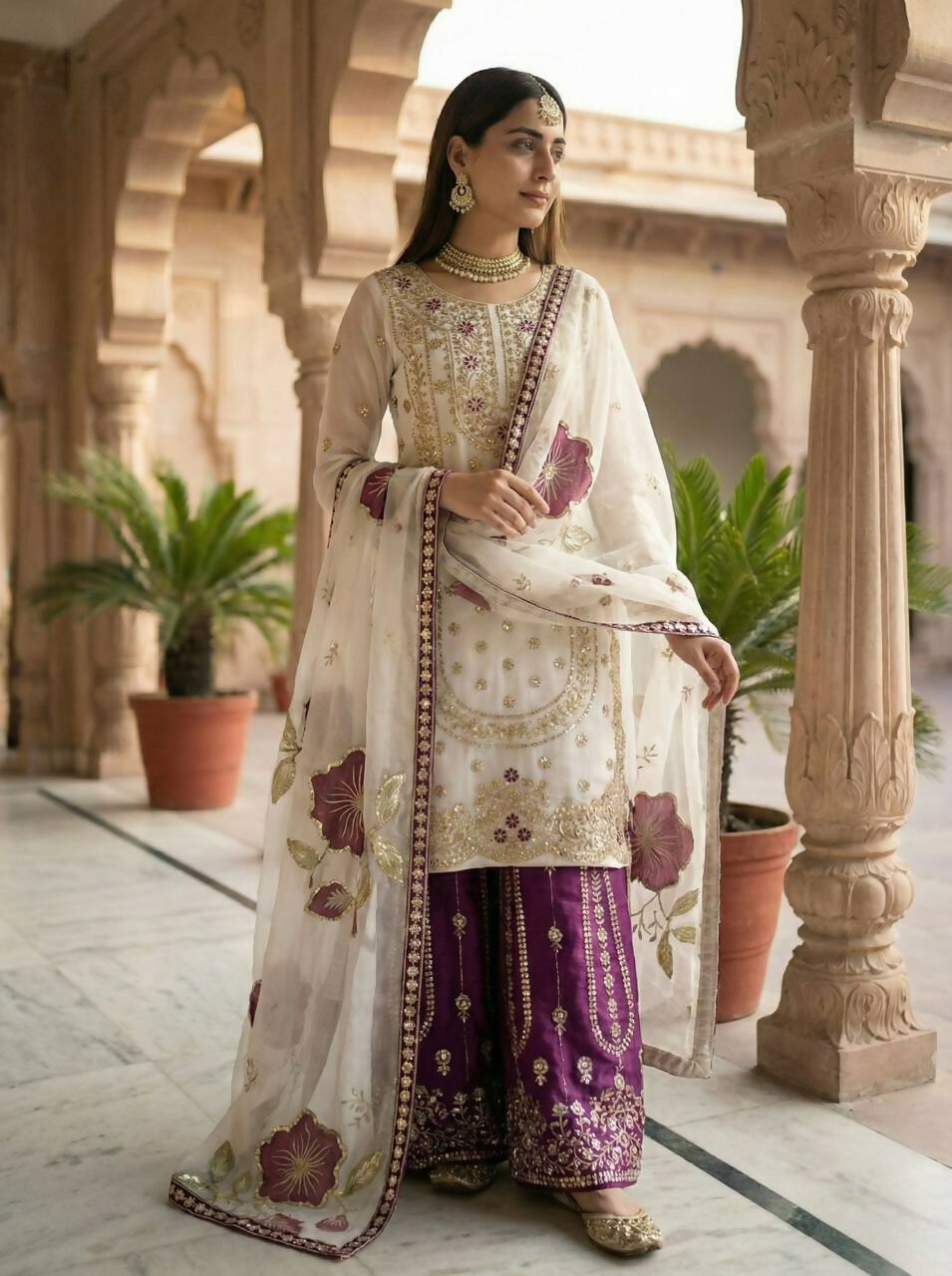 Teeya Creation Wine Gimmy Silk Designer Embroidery Work Wedding Wear Palazzo Pair | Grocsy