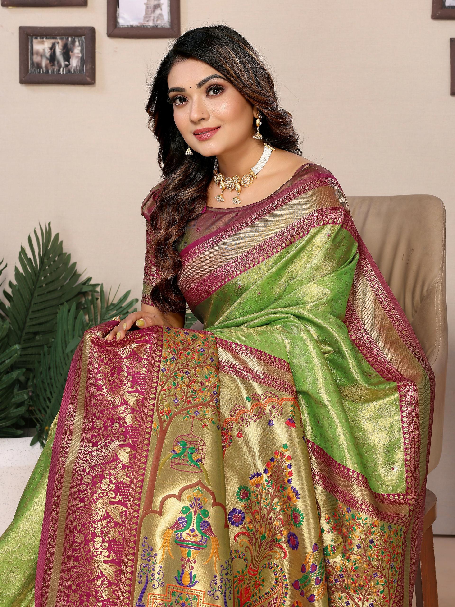 Aastha Fashion Pista Tissue Silk Weaving Saree | Grocsy