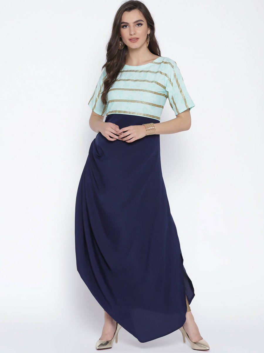 Ahalyaa Blue Crepe One Side Gathered Drape Kurta Dress | Grocsy