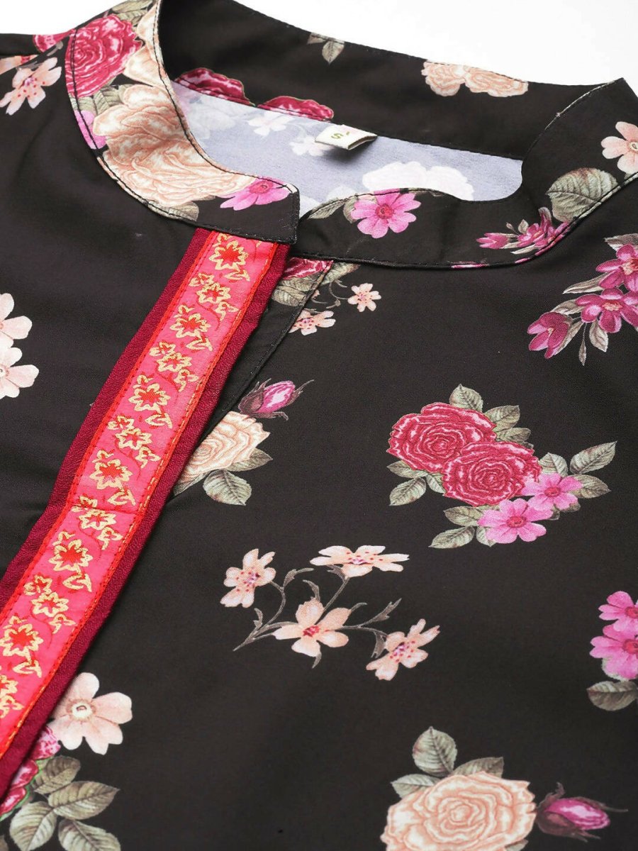 Ahalyaa Women Floral Printed Tunic with Palazzos - Black Color | Grocsy