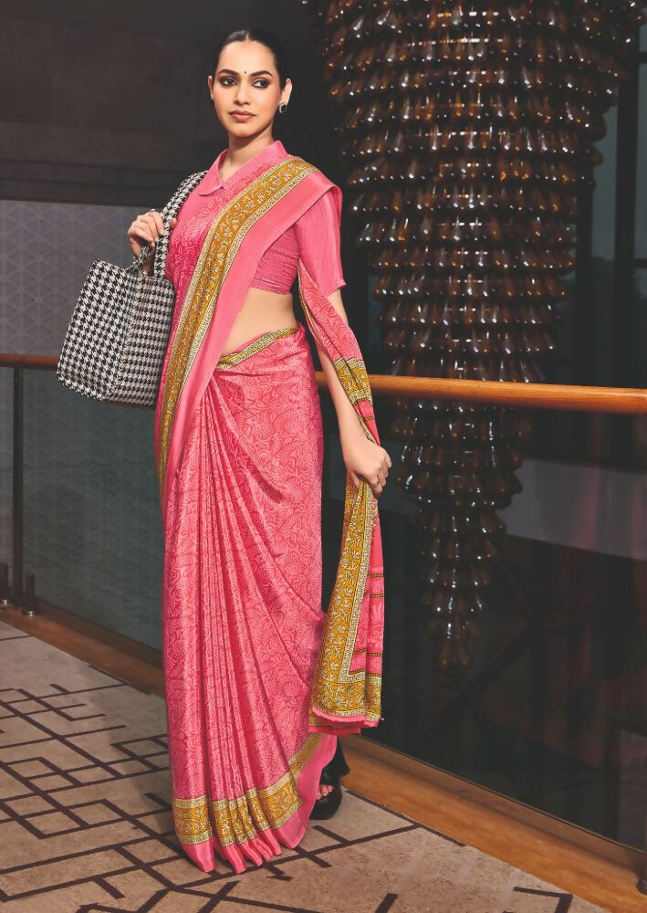 Joban Fashion Pink Crepe Silk with Traditional Print Saree | Grocsy