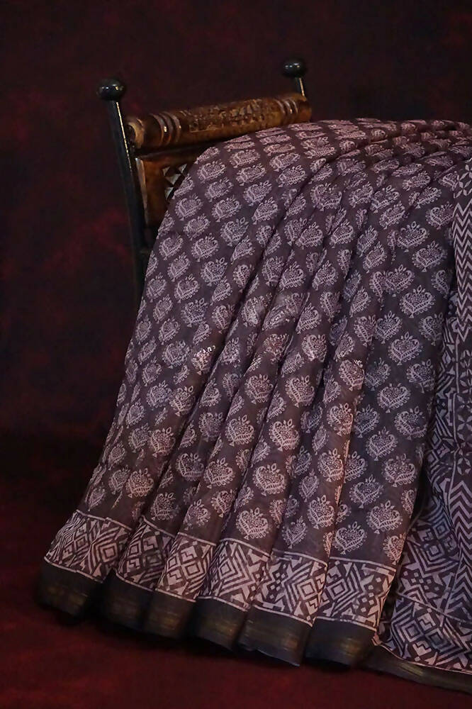 Dark Brown Ikat Design Semi Chanderi Saree By Gayathri Reddy Designer Studio | Grocsy