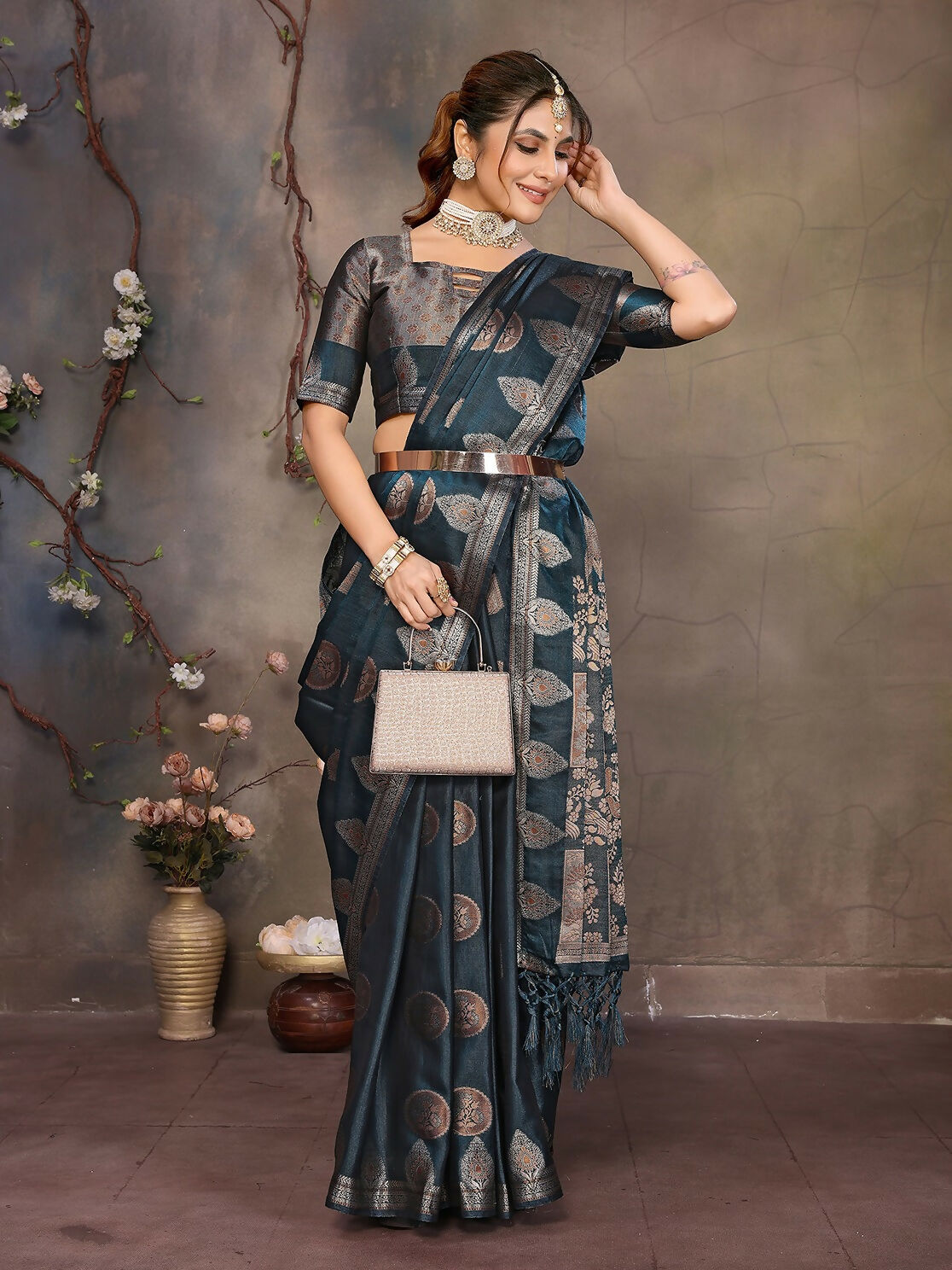 Joban Fashion Teal Blue Woven Jacquard Banarasi Silk Sarees | Grocsy