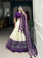 Lorenvalley Offwhite and Purple Tussar Silk Patola Print Lehenga Choli | Grocsy