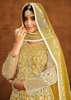 Yellow All Over Embroidered Net Wedding Anarkali Suit - Emponline | Grocsy