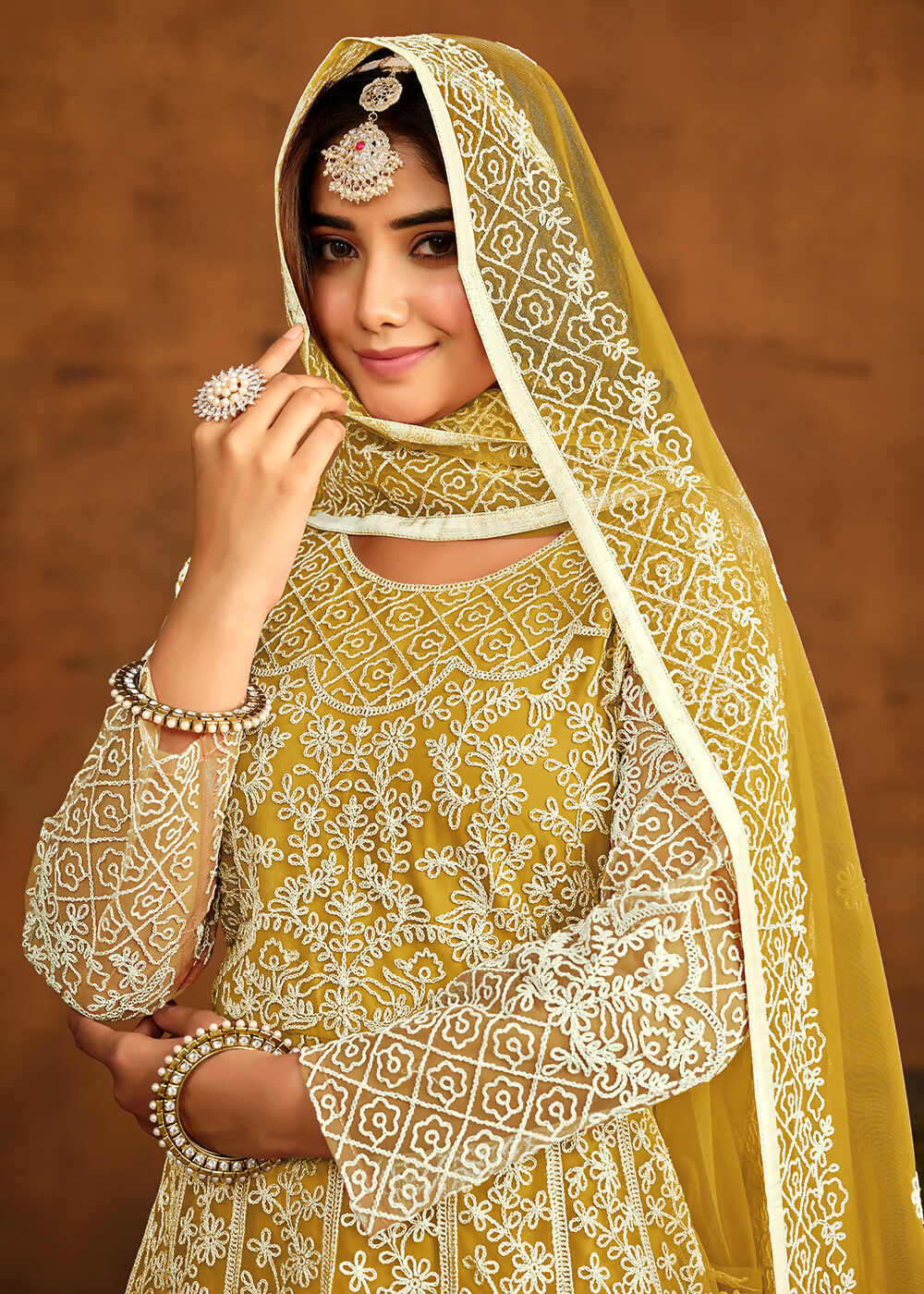 Yellow All Over Embroidered Net Wedding Anarkali Suit - Emponline | Grocsy