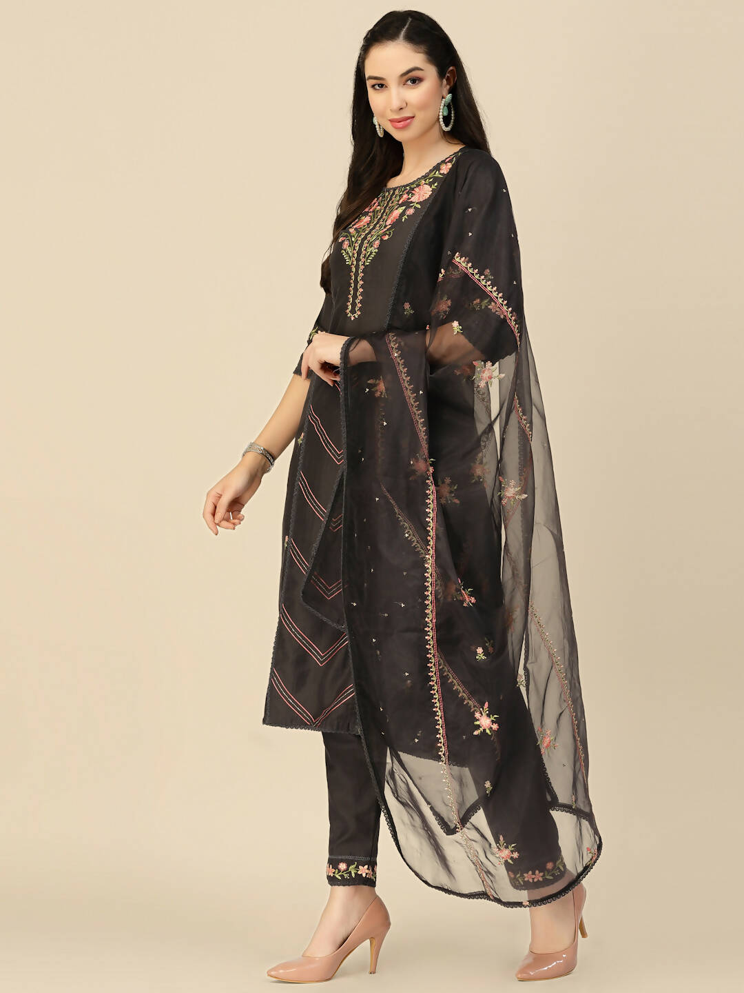 Black Embroidered Chinon Straight Kurta With Trouser & Dupatta - Salimar | Grocsy