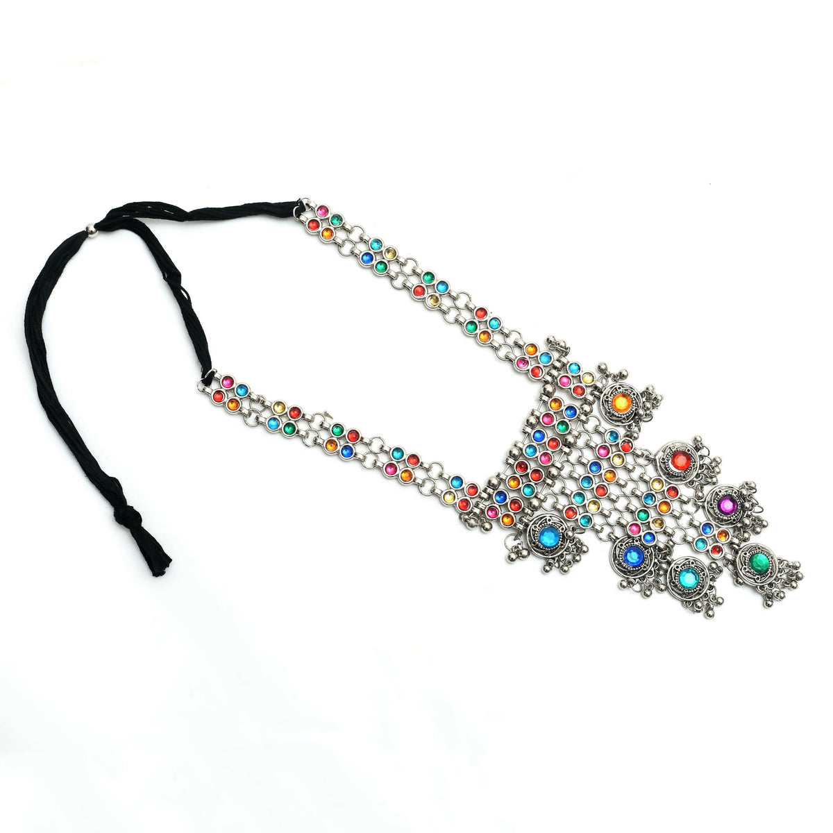 Mominos Fashion Johar Kamal Oxidised Silver-Plated Brass Finish Multi Kundan Afghani Long Necklace For Women | Grocsy