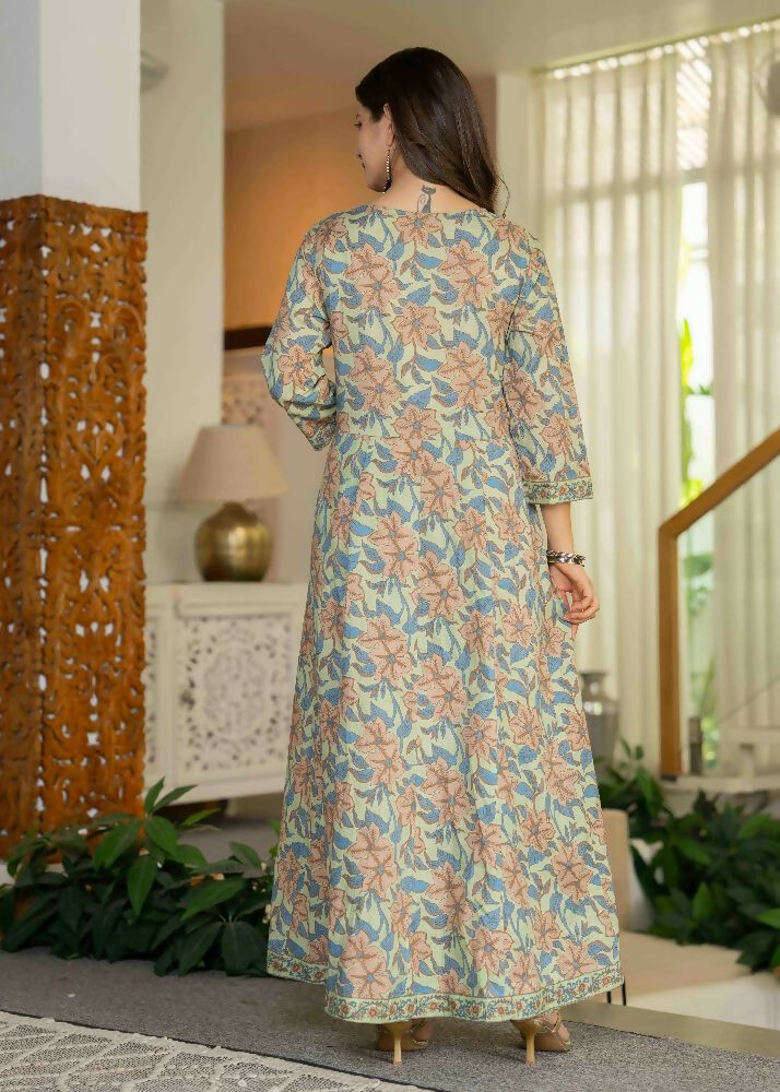 Jaimini Women Cotton Printed V-Neck 3/4 Sleeves Calf Length Flared Kurta Pant And Dupatta Set | Grocsy