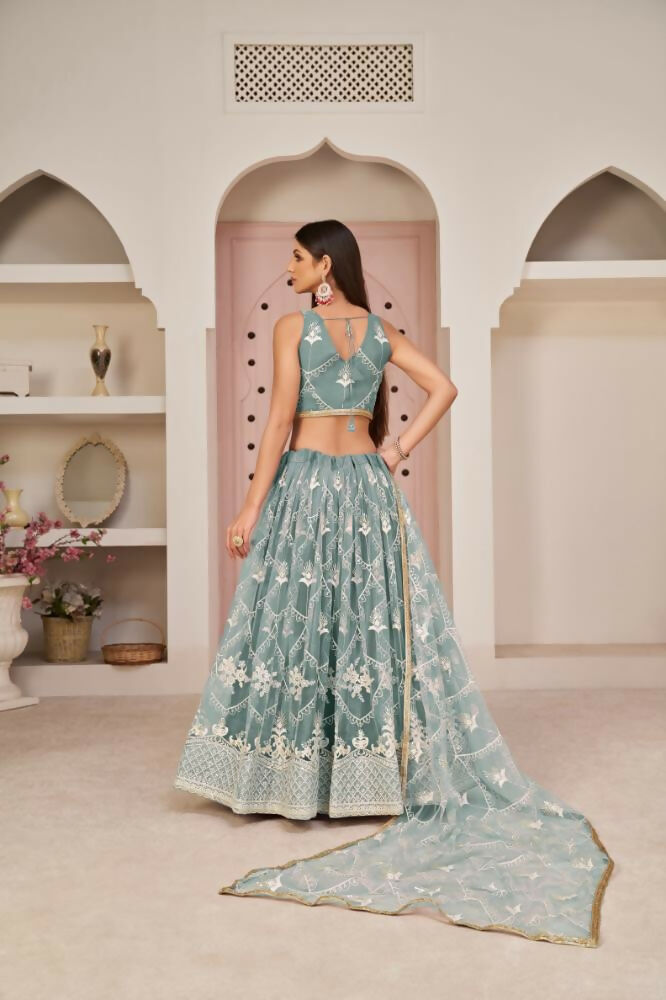 Aastha Fashion Ocean Blue Butterfly Net White Cotton Thread Work, Zari Work And Sandwich Sequence Work Embroidery Wedding Wear Lehenga Choli | Grocsy