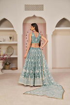 Aastha Fashion Ocean Blue Butterfly Net White Cotton Thread Work, Zari Work And Sandwich Sequence Work Embroidery Wedding Wear Lehenga Choli | Grocsy
