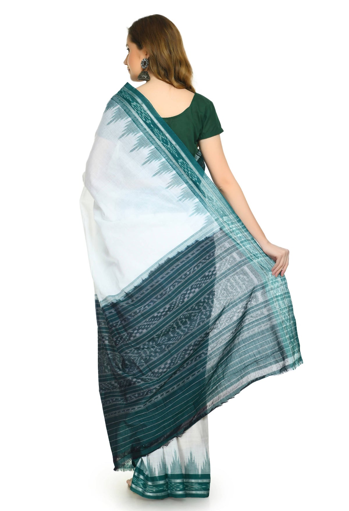 Vamika Sambalpuri Ikat Cotton Plane Kunbha White & Green Saree | Grocsy