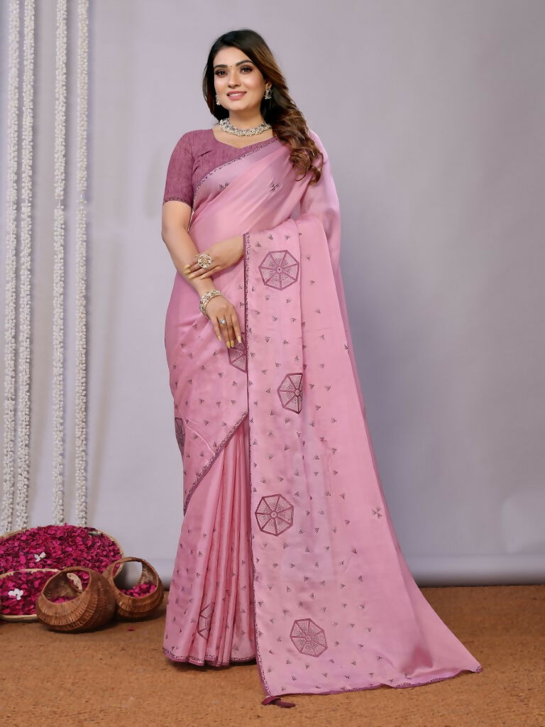 Pink Zari Organza Stone Work All Over Saree - Norita Saumya | Grocsy