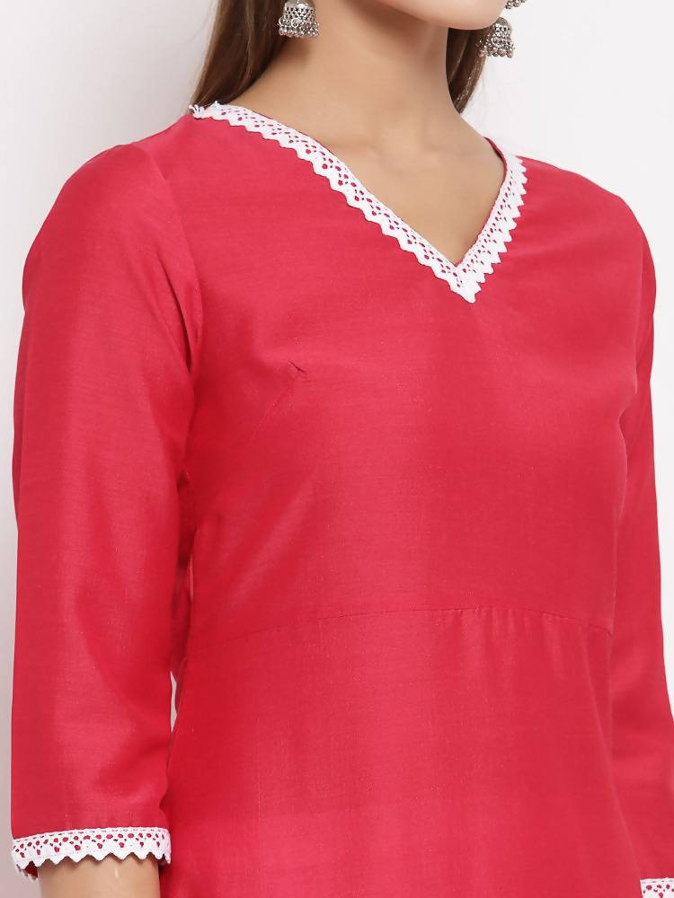 Myshka Women's Pink Cotton Solid 3/4 Sleeve V Neck Casual Kurta Dupatta Set | Grocsy