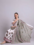 Joban Fashion Off White Cotton Buta Printed & Embroidery Work Anarkali Kurta With Trousers & Dupatta Set | Grocsy