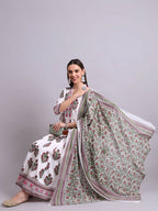 Joban Fashion Off White Cotton Buta Printed & Embroidery Work Anarkali Kurta With Trousers & Dupatta Set | Grocsy