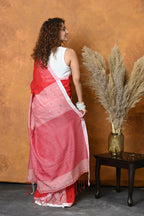 Very Much Indian Pure Cotton Handloom Saree with Buttis & Sleek Border - Red | Grocsy