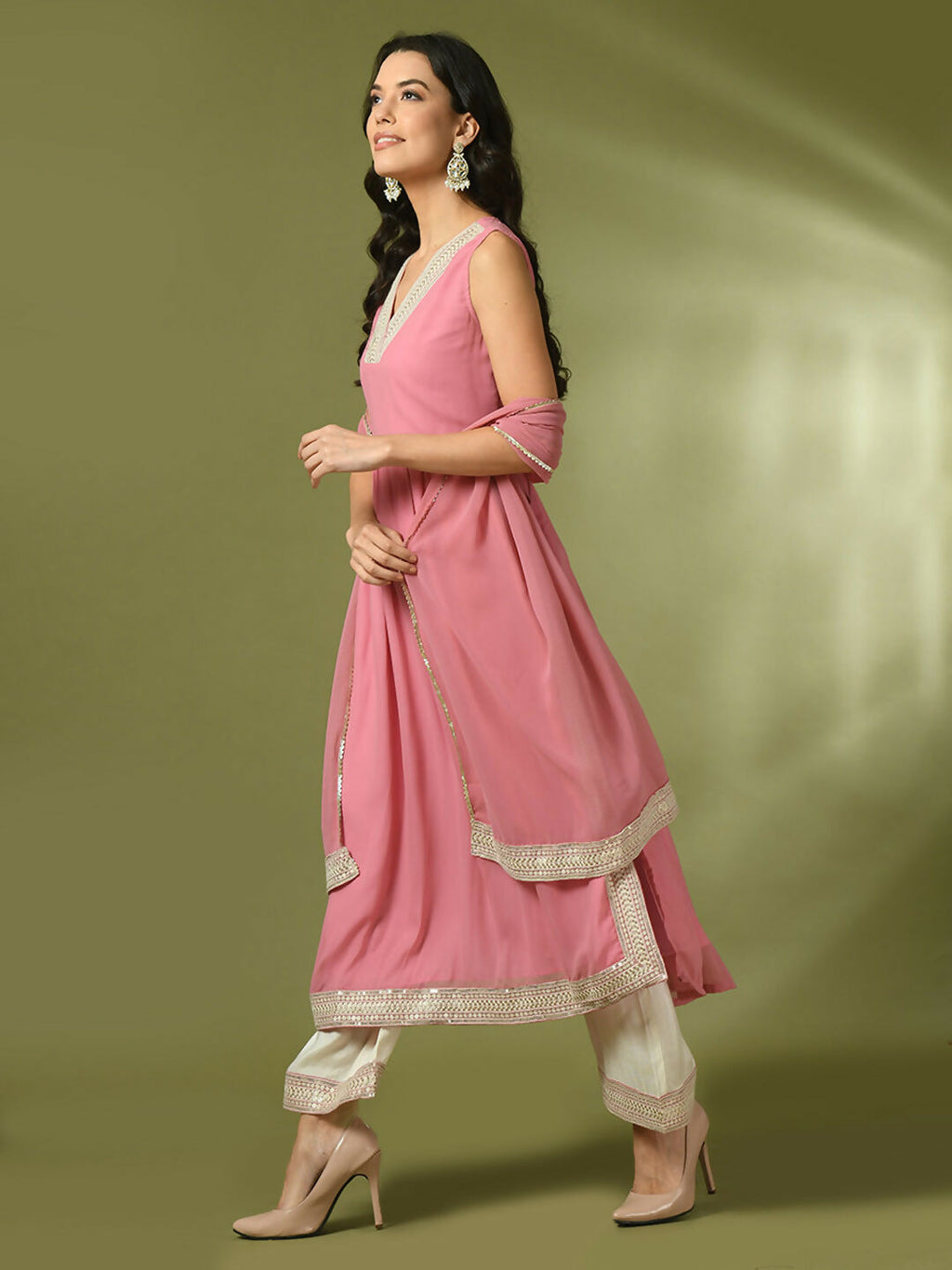 Myshka Women's Pink Solid Georgette Anarkali Party Kurta Set With Dupatta | Grocsy