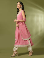 Myshka Women's Pink Solid Georgette Anarkali Party Kurta Set With Dupatta | Grocsy