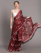 Suta Women Maroon White Hand Blocked Pure Cotton Saree | Grocsy