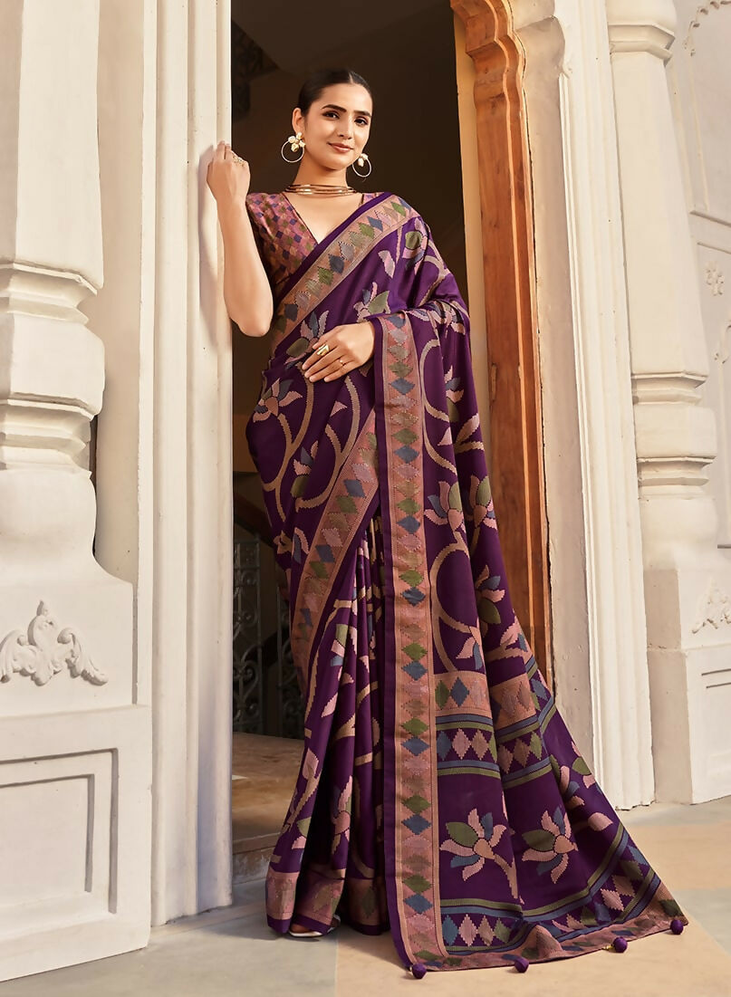 Monjolika Fashion Silk Blend Purple Printed Saree | Grocsy