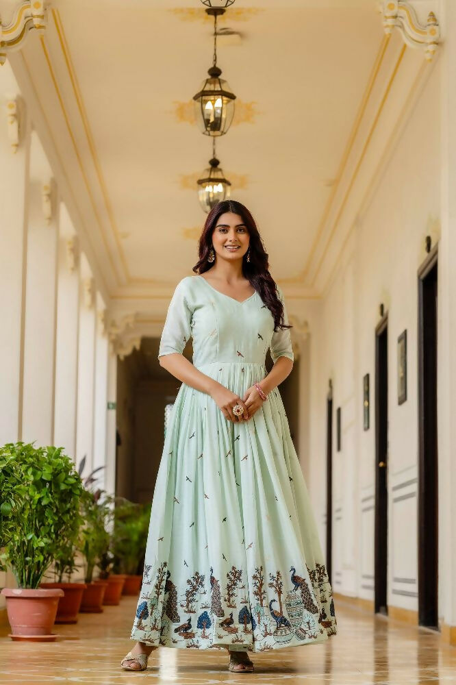 Teeya Creation Mint Green Chinnon Heavy Work Long Wedding Gown | Grocsy