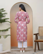 Vaasva Women Nude Pink Cotton Printed Straight Kurti With Pant | Grocsy