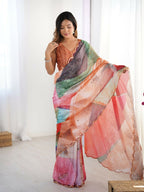Multi Chinon Designer Digital Printed,Mirror Cut Work Saree - Sohni | Grocsy