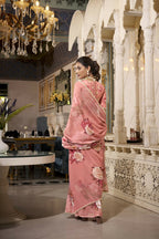 Vastranavya Orange Spectacular Georgette Printed with Pearl Lace Saree with Unstitched Blouse | Grocsy