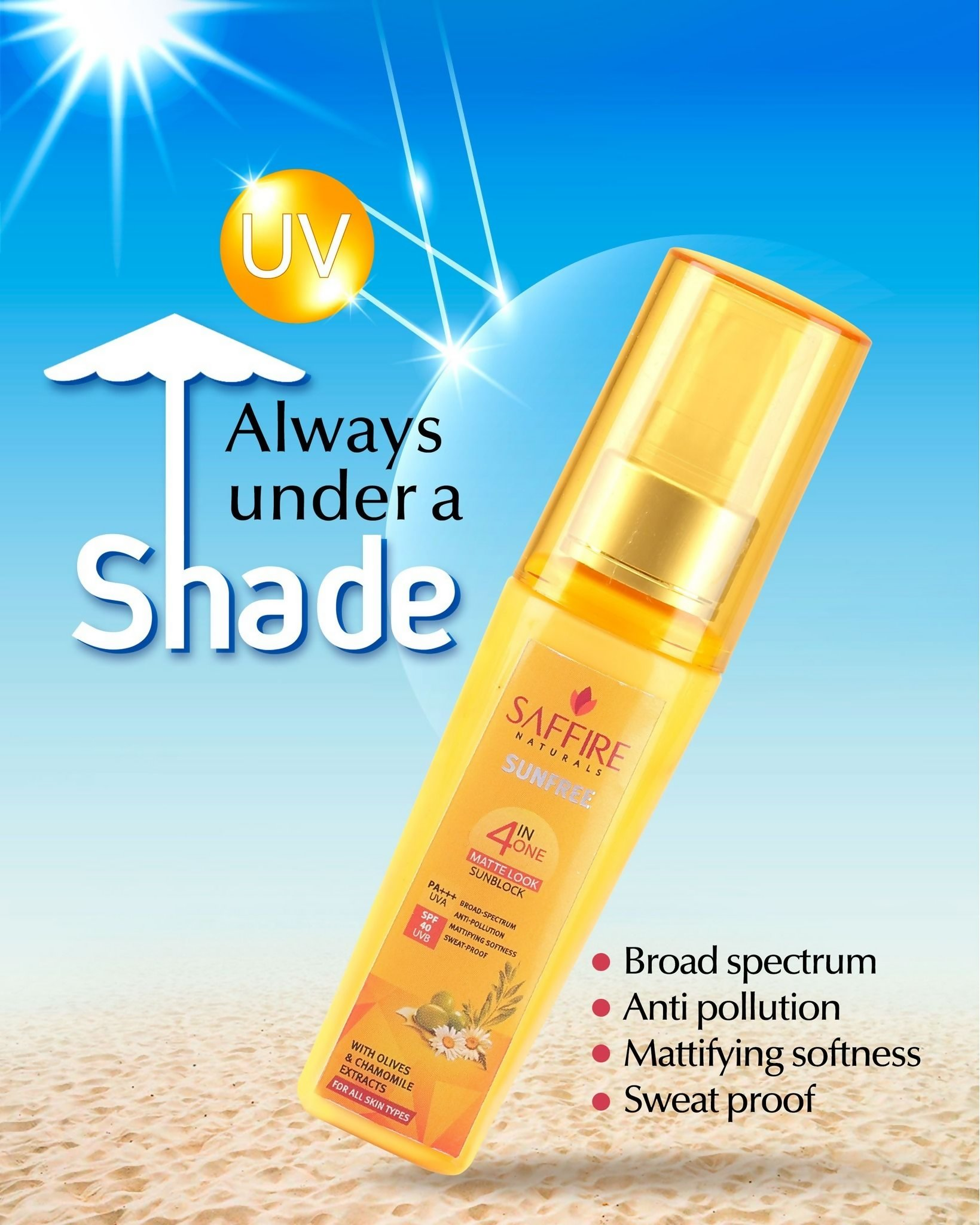 Saffire Naturals 4-In-One SunFree Matte Look SunBlock SPF 40 | Grocsy