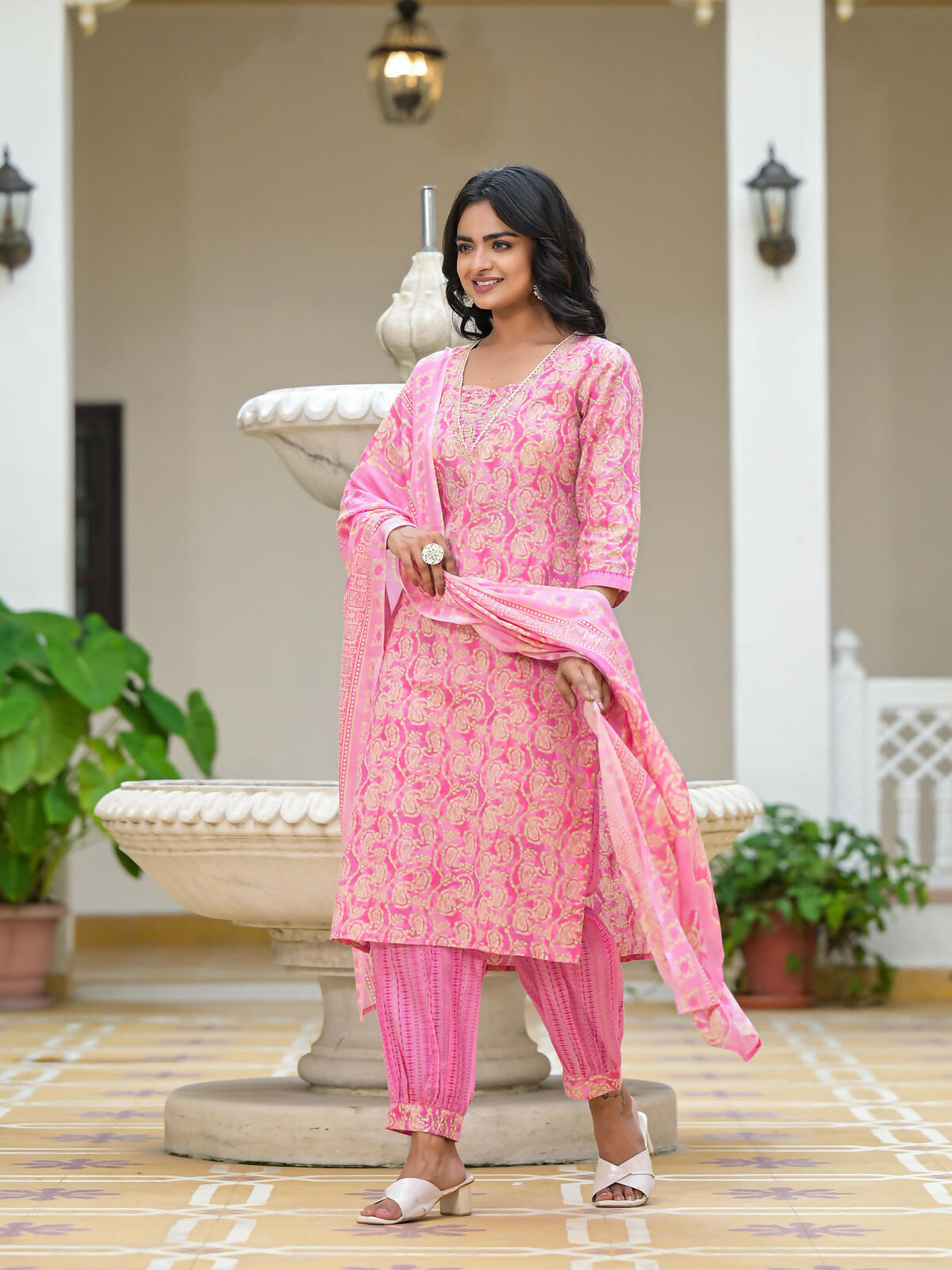Juniper Women's Pink Ethnic Motif Printed Cotton Kurta Pant With Dupatta Set With Sequins & Lace | Grocsy