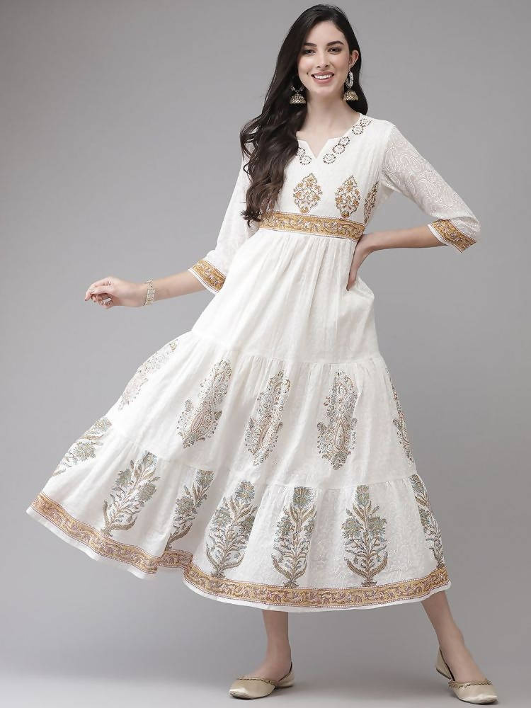Yufta White Ethnic Printed Flared Dress | Grocsy