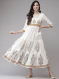 Yufta White Ethnic Printed Flared Dress | Grocsy